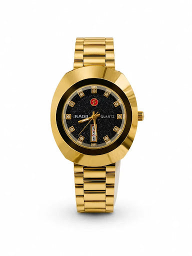 Vintage Oval Diastar Gold Quartz Watch – Glittering Black Dial with Jewels