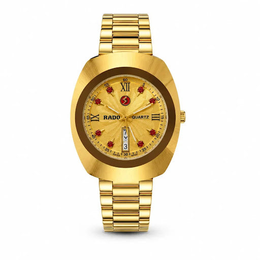 Vintage Oval Diastar All-Gold Luxury Watch – Gold Sunray Dial with Red Jewels