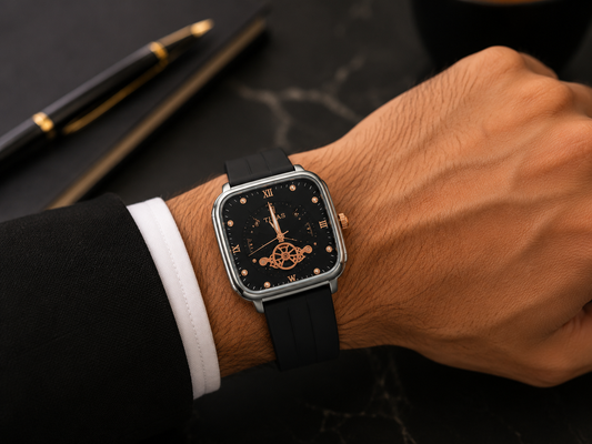 TIMAS Rose Gold Square Watch with Black Strap