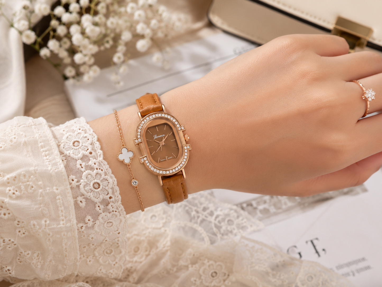 Rose Gold Crystal Bezel Watch