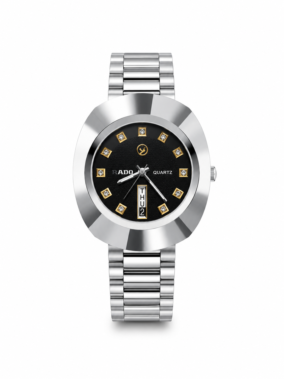 Vintage Oval Diastar All-Silver Luxury Watch – Matte Black Dial with Crystal Markers