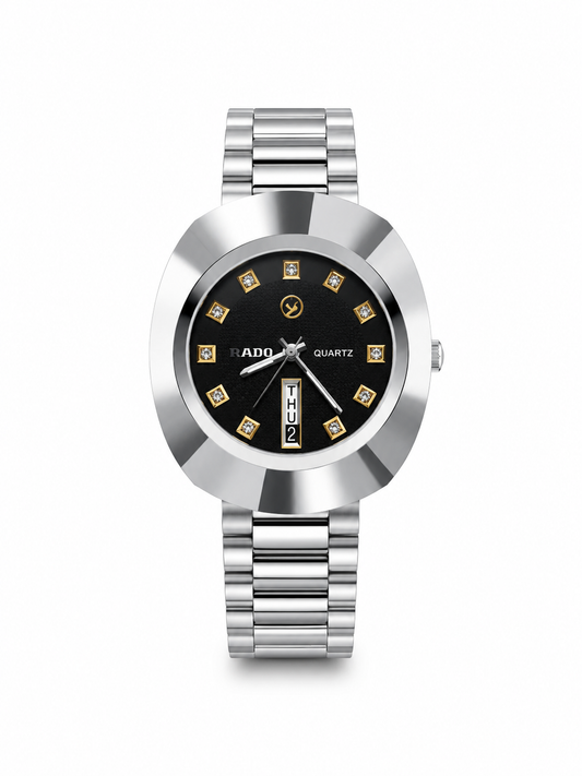 Vintage Oval Diastar All-Silver Luxury Watch – Matte Black Dial with Crystal Markers