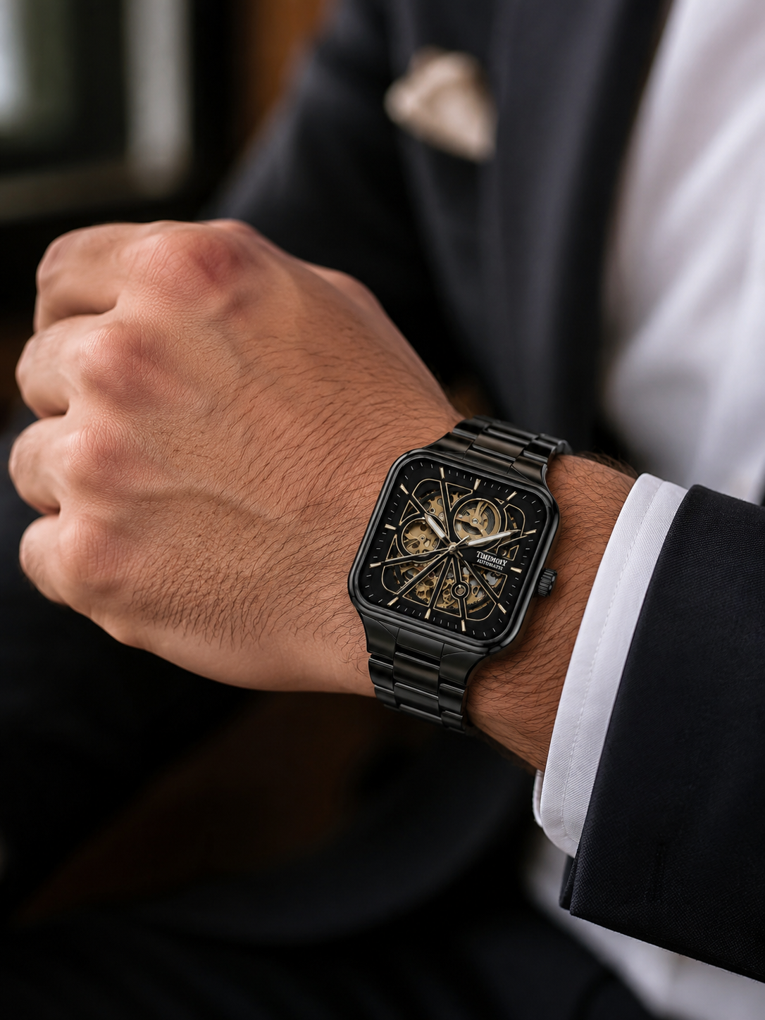 TIMEMORY Black Square Skeleton Automatic Watch