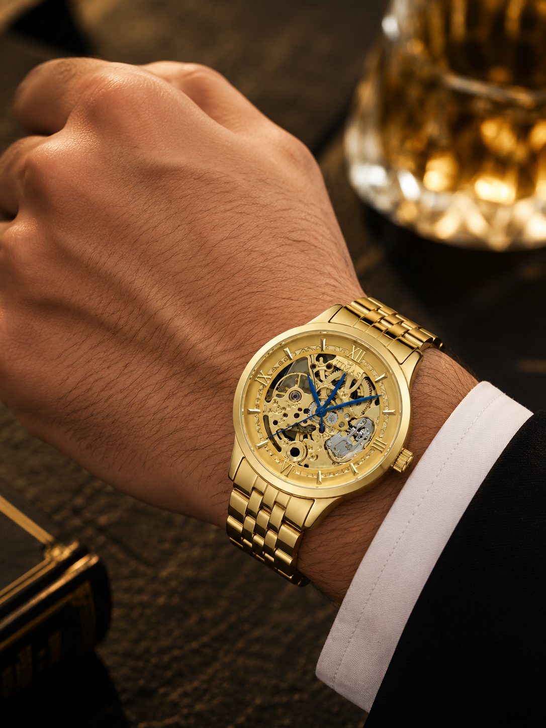TIMAS Gold Skeleton Automatic Watch