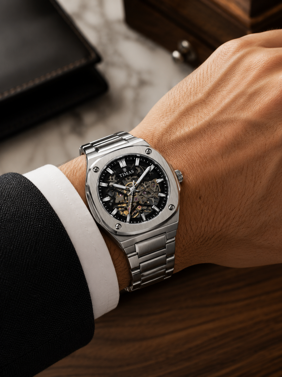 TIMAS Silver Cushion Skeleton Automatic Watch