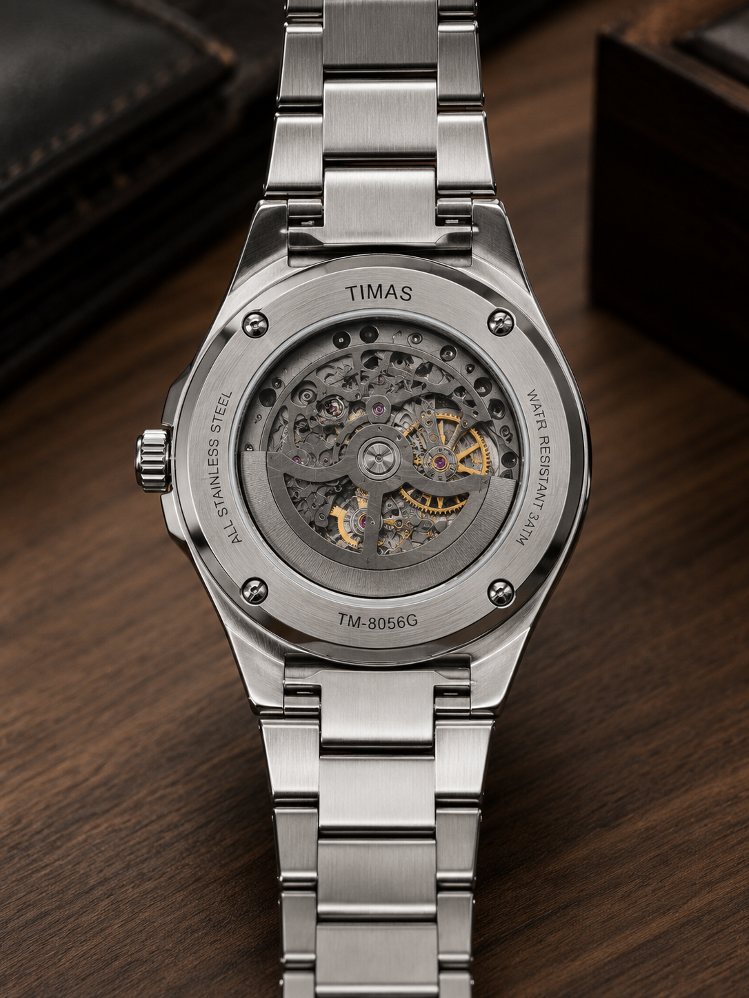 TIMAS Silver Cushion Skeleton Automatic Watch