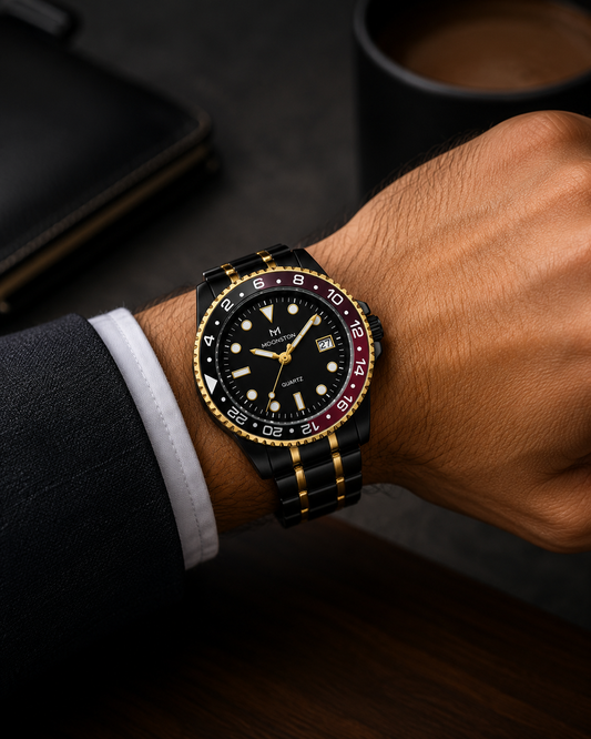 MOONSTON Black & Gold GMT Watch