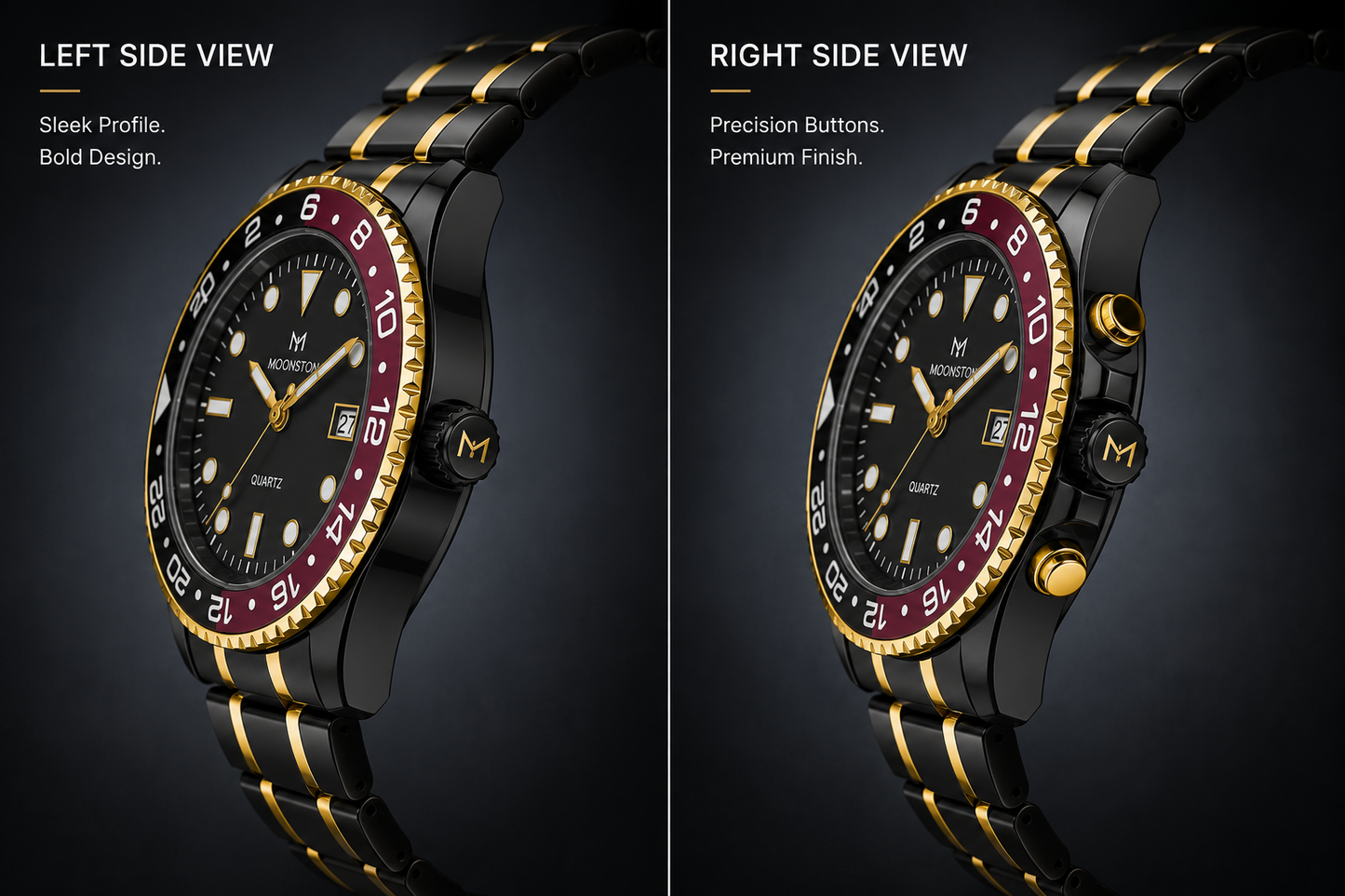 MOONSTON Black & Gold GMT Watch