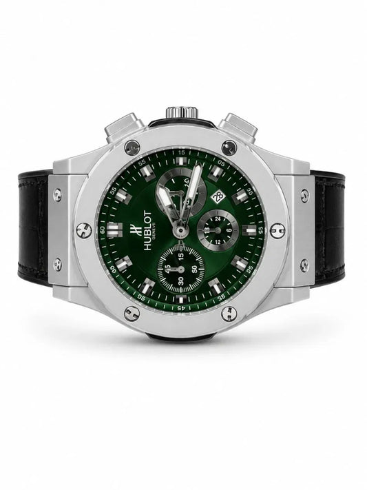 Master Chronograph Emerald Green Dial Watch – Silver Case Black Leather