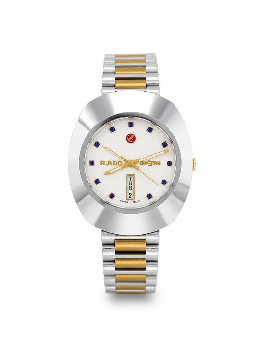 Vintage Oval Diastar Two-Tone Watch – Textured White Dial with Blue Jewels