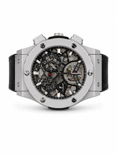 Skeleton Mechanical Chronograph Men’s Watch – Silver & Black Leather