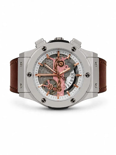 Skeleton Mechanical Rose Gold Accent Leather Watch – Silver & Brown