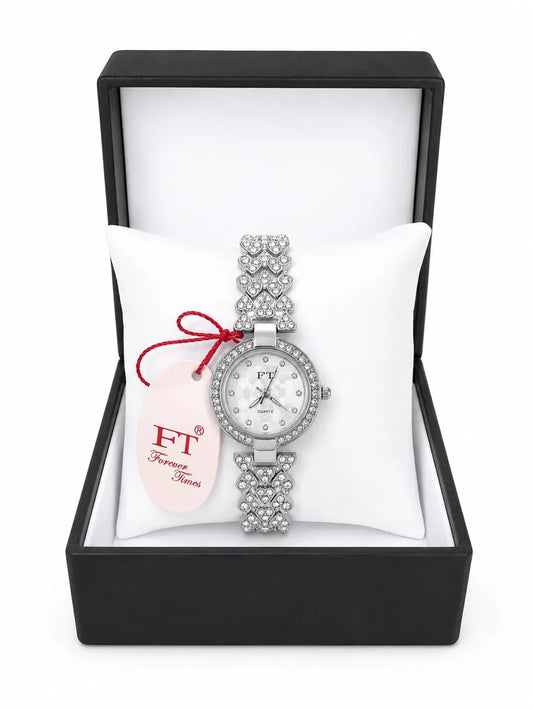 FT Forever Times Silver Crystal Heart-Link Watch